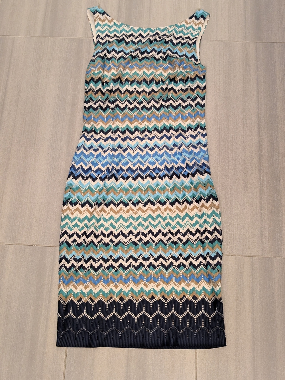 Pencil Dress In Blue, Teal, Cream and Navy